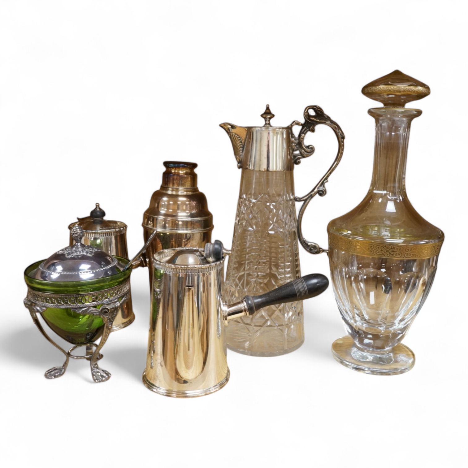 A Moser crystal glass decanter and stopper with gilt decoration and selection of plated items, largest 32cm high